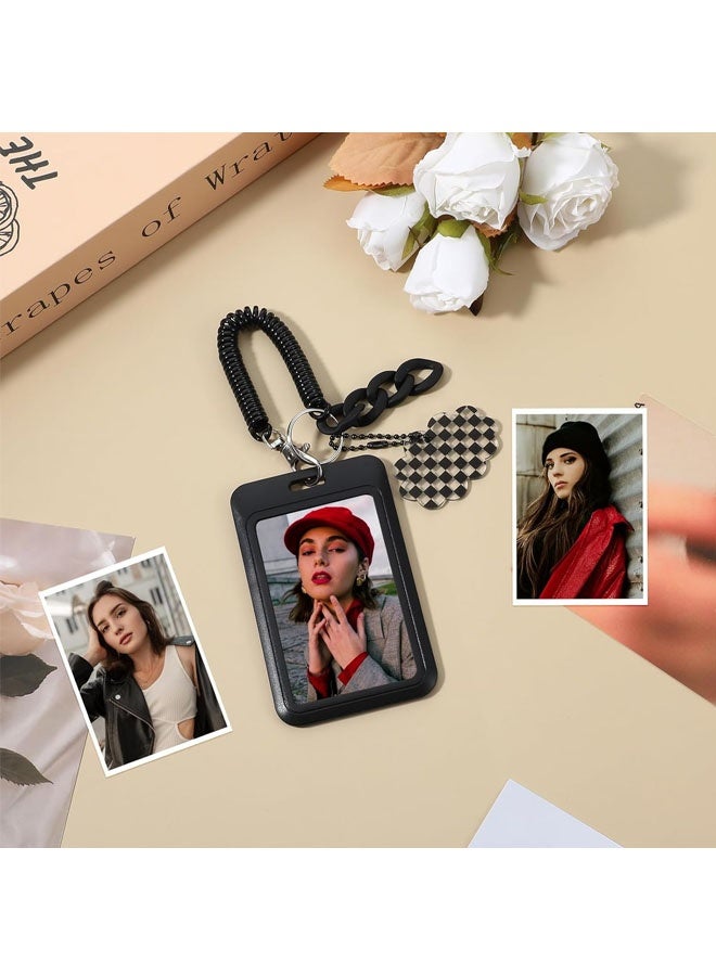 حامل بطاقات صور، حامل بطاقة هوية أسود من الأكريليك، حامل بطاقات ائتمان، منظم عرض صور مع سلسلة مفاتيح بقلادة زنبركية، حافظة بطاقات حافلة طلابية، أكمام صور واقية - Image 2